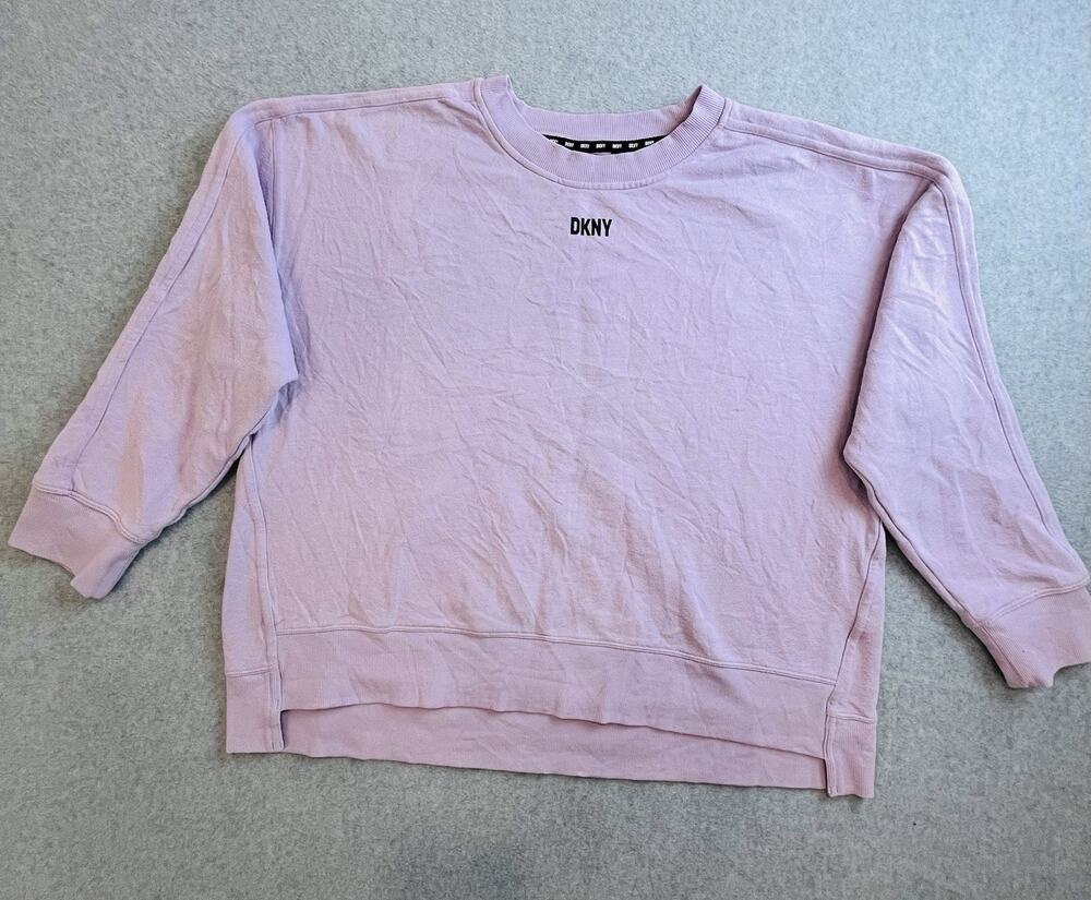 DKNY Purple Crewneck Pullover Fleece Logo Sweatshirt Women’s Sz L Cotton Blend